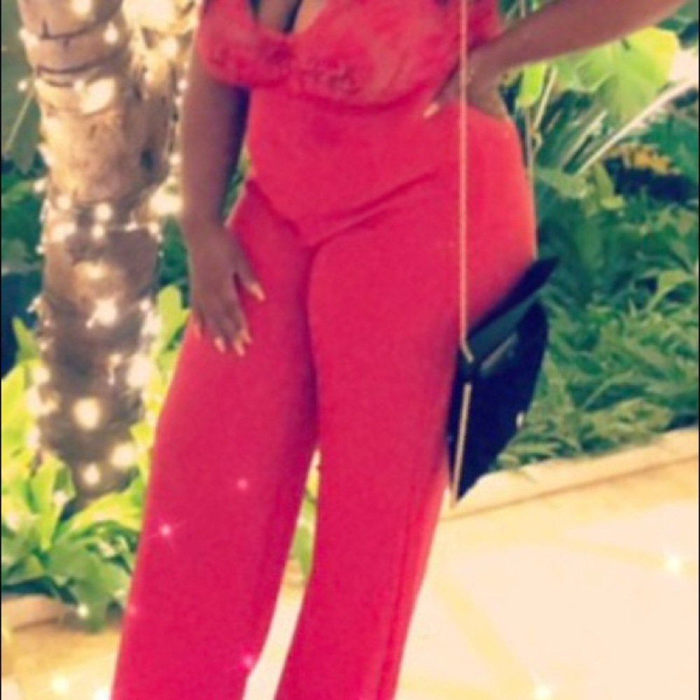 Red lace wide leg jumpsuit - Picture 2 of 2